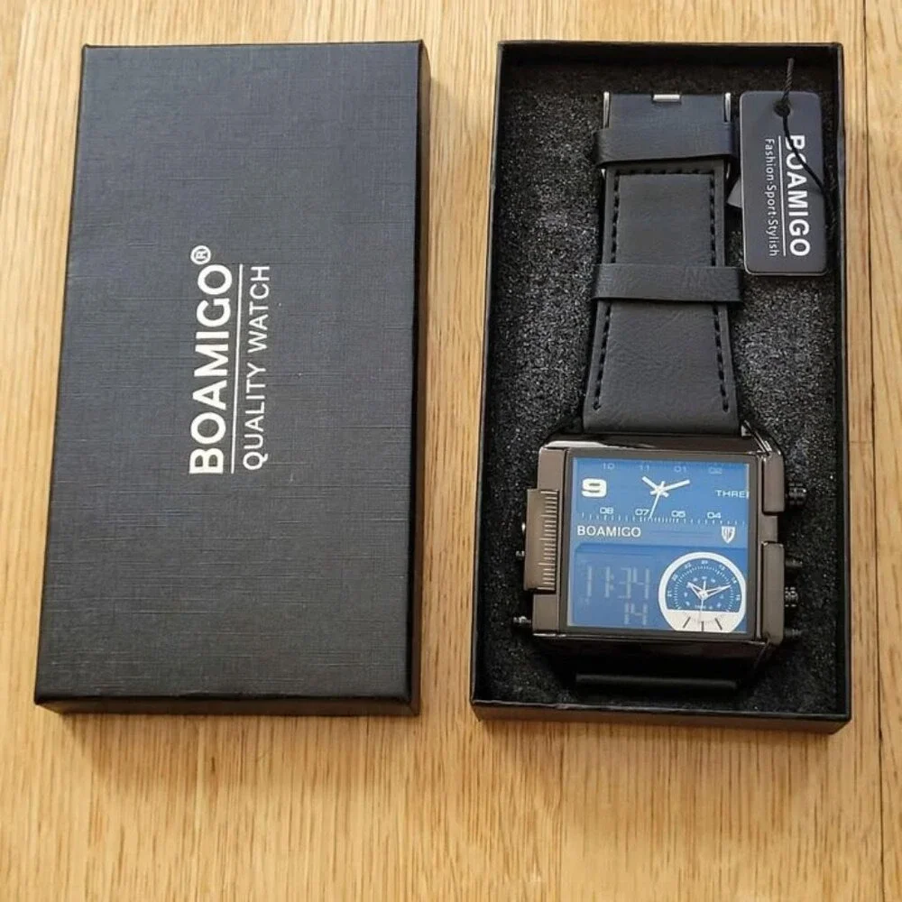 BOAMIGO Big Square Dial 3‎ TimeZone Stylish Watch For Men